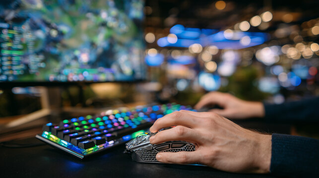 Gamerâs hand gripping illuminated RGB mouse, mechanical keyboard blurred behind, dark room with neon lighting