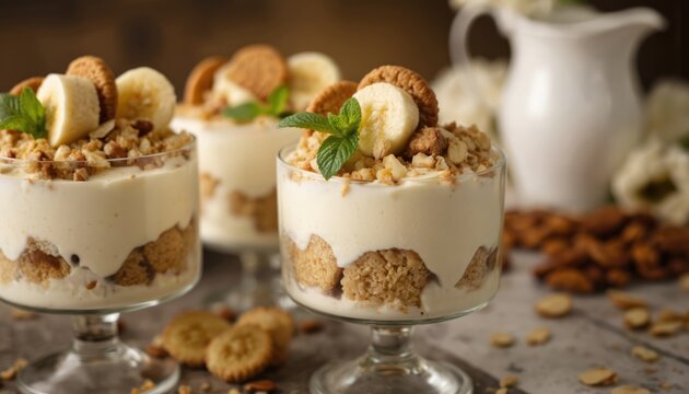 Layers of creamy banana mascarpone mousse with crushed cookies, nuts fill elegant glasses. Topped with fresh banana slices, cookies, mint leaves, dessert delightful treat. Perfect for cafes,