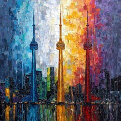 Naklejka premium Colorful Toronto skyline painting, city view, night, artistic impression, home decor