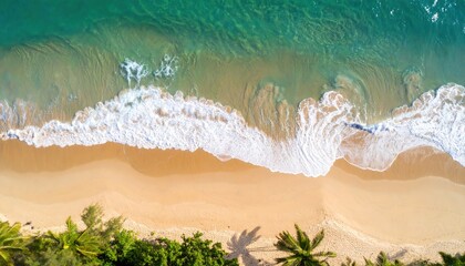 Aerial View Of Tropical Beach With Turquoise Water And Palm Trees