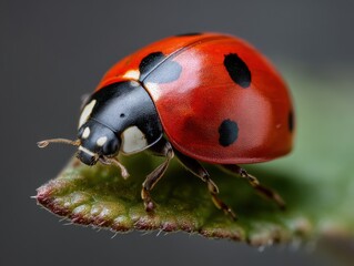 Fototapeta premium Vivid Red Ladybug Perched on Leaf Edge in Macro Perspective
