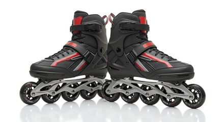 A pair of modern black inline skates with red accents on a white background. Perfect for sports, recreation, and outdoor activity themes.
