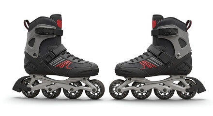 A pair of modern black inline skates with red accents on a white background. Perfect for sports, recreation, and outdoor activity themes.
