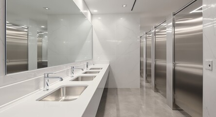 Modern Commercial Restroom Interior with Multiple Sinks Stainless Steel Partitions and Marble