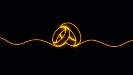 Video. Neon engagement rings drawn by one continuous line. A symbol of love, interaction, marriage. A romantic template for invitations and cards in a simple linear style. Animation on a black backgro - Powered by Adobe