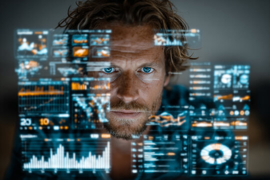 Businessman Analyzing Futuristic Digital Screen Interface