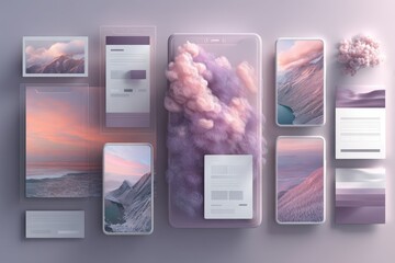 Scattered display of User Interface designs with diagrams, images, and portraits on a dark surface, showcasing a modern digital aesthetic and detailed information architecture