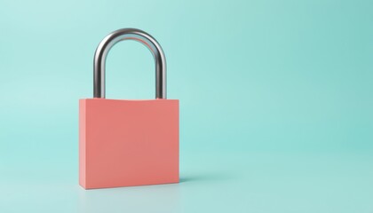 Fototapeta premium Minimalist pink padlock on turquoise background. Modern design element security, protection, safety, confidentiality, privacy. Metallic shackle contrasts with matte body, creating clean aesthetic.