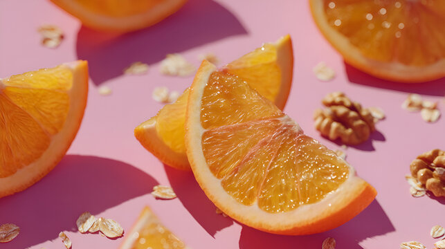 Bright and sunny citrus segments arranged with walnuts and oat flakes on a pink backdrop, vibrant health.