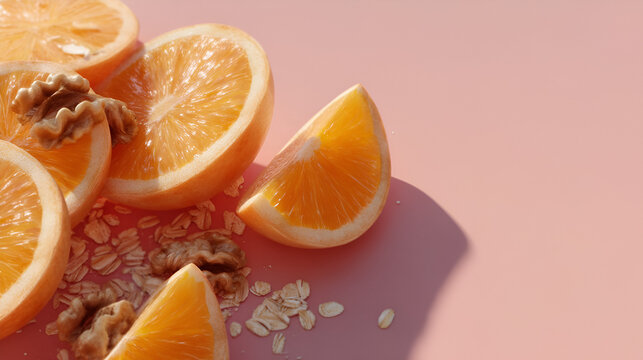 Bright and refreshing: A vibrant array of orange slices with walnuts and oat flakes on a pink backdrop.