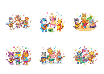 Obraz premium Cartoon Animals Playing Musical Instruments in Various Grouping and Artistic Styles