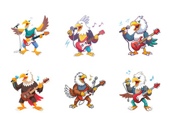 Fototapeta premium Cartoon Eagle Rock Stars Performing with Guitars and Microphones Illustration Set
