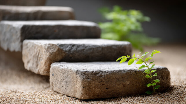 Geometric garden design with stacked concrete pavers and greenery