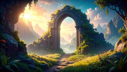 Fantasy Gateway Through Ancient Stone Archway In Mountains