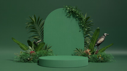 Minimalist green podium with tropical foliage and a realistic bird for product presentation