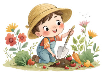 Cute Cartoon Boy Gardening with Shovel and Vegetables – Watercolor Style Character Illustration

