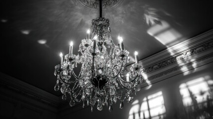 Ornate crystal chandelier hangs from ceiling in black and white, dramatic lighting