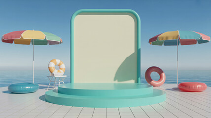 Summer themed 3d render with a teal podium and colorful beach elements