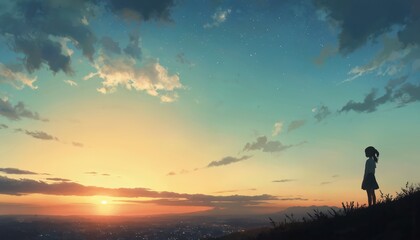 Fototapeta premium Silhouette of young girl standing on hill, gazing at vibrant sunset over sprawling city. Sky transitions from warm orange hues near horizon to deep blue, dotted with stars, soft clouds. Anime-style