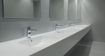Contemporary Public Restroom Interior with Row of Modern Sinks Chrome Faucets and Mirrors