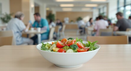 Healthy Fresh Salad Bowl with Vibrant Vegetables in Modern Cafeteria Setting