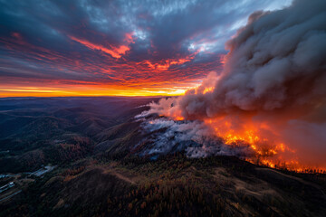 Fototapeta premium Wildfire Rages Across Mountain - Fierce Wildfire at Sunset,