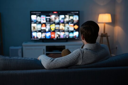 Man watching streaming service on tv at home in the evening entertainment concept