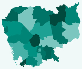 Obraz premium Map of Cambodia with regions. Just a simple country border map with region division. Teal color palette. Plain Cambodia shape with administrative division. Vector illustration.