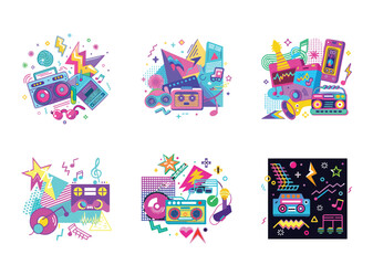 Fototapeta premium Colorful retro boombox and musical elements collage evoking 80s vibes