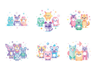 Obraz premium Cute Collection of Stylized Animals in Pastel Colors, arranged in groups