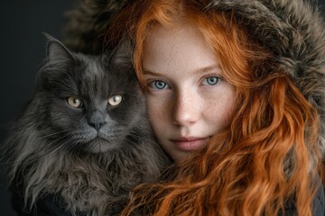 Red haired girl with freckles posing intimately with a grey long-haired cat wearing a dark jacket with fur around the hood in a close up shot