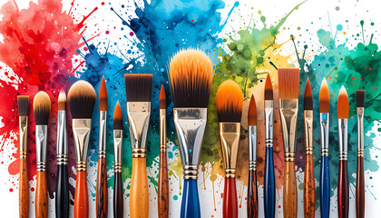 Artistic Paintbrushes with Colorful Splashes Background.
