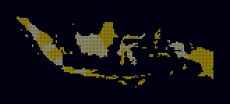 Indonesia dotted map. Digital style map of the country on dark background. Indonesia shape with circle dots. Colored dots style. Small size circles. Vibrant vector illustration.