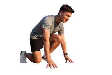 Runner preparing for a sprint at a training session, transparent background.