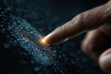 Finger pressing on illuminated fingerprint surface with bokeh, depicting data analysis or digital forensics