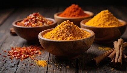 Rustic wooden bowls overflowing with vibrant spices like turmeric, chili flakes, curry powder. Dark wood background enhances warm tones. Perfect for culinary themes, cooking ingredient, healthy food