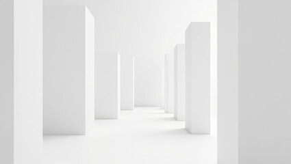 Fototapeta premium Wide shot of a minimalist white abstract corridor with geometric pillars and soft ambient light, creating a sense of perspective and space. 
