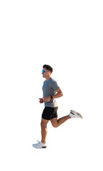 Dynamic runner in motion enjoys exercise routine , transparent background.