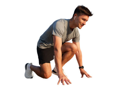 Runner preparing for a sprint at a training session, transparent background.