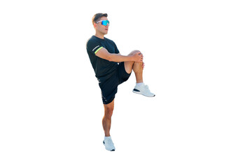 Man practicing leg stretches in athletic wear for fitness improvement