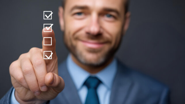 A businessman engages in an online survey, selecting answers with checkboxes in a sleek, stock image style.