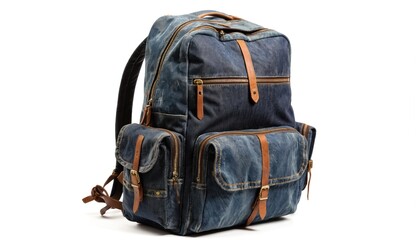 Denim backpack with leather details, featuring multiple zippered compartments, adjustable shoulder straps. Trendy bag, isolated on white background, blends classic denim style with practical, modern