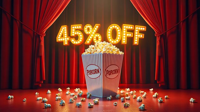 Popcorn bucket with 45 percent off discount sign in cinema style - Powered by Adobe