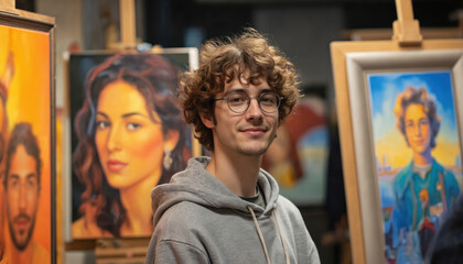 Obraz premium Young artist with curly hair and glasses smiles at an art exhibition. Surrounded by his paintings of people. Shows creativity, passion for art, and talent at a culture event.