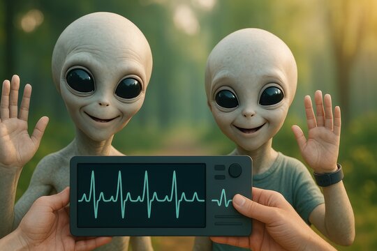 Friendly aliens with a translator. Two friendly aliens smile and wave, while a man holds a futuristic translator surrounded by a lush green forest. First contact with Aliens. - Powered by Adobe