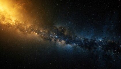 Obraz premium Breathtaking night sky displays a radiant golden galaxy band contrasting with deep blue. Countless stars twinkle across the vast universe, creating a magical celestial scene.