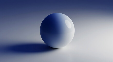 A minimalist composition of a smooth white sphere illuminated by cool blue light, casting a soft shadow on a clean, reflective surface. Modern abstract art.