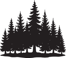 Obraz premium A vector illustration of silhouette of a coniferous forest isolated on white background, a serene landscape with evergreen trees