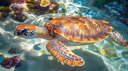 Vibrant Sea Turtle Gracefully Swimming Underwater