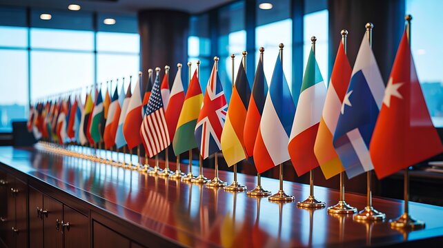 International flags lined up on wooden table in conference room